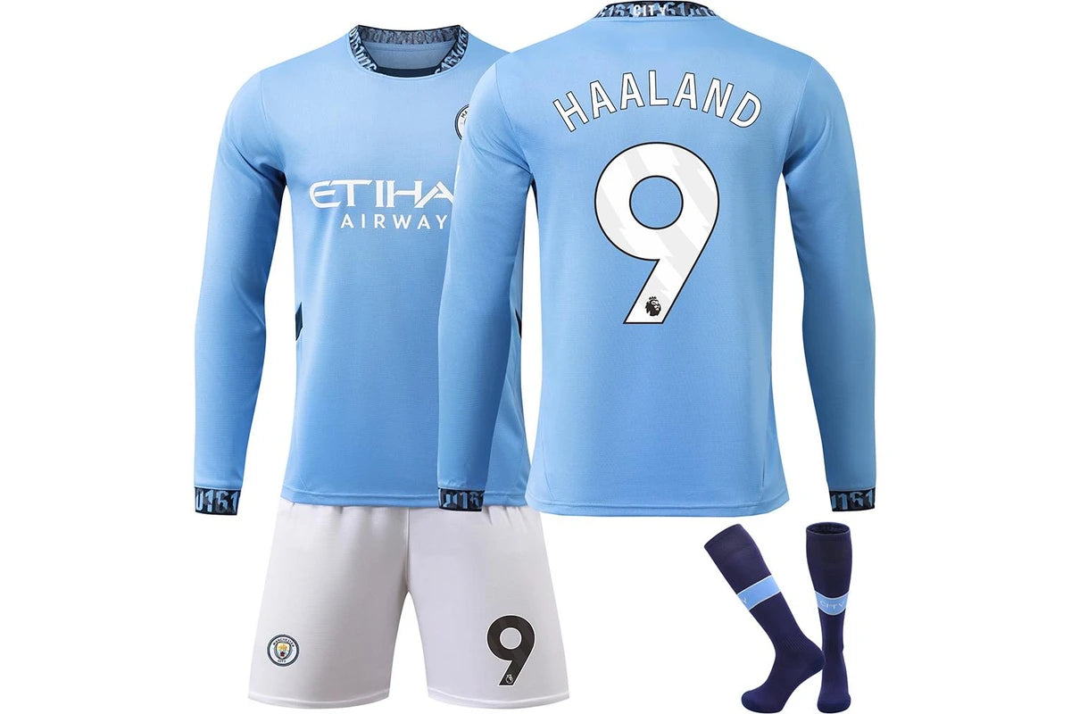 Haaland Manchester City #9 Home (Long Sleeve) Jersey Kit Youth/Adult (INTERNATIONAL STOCK)