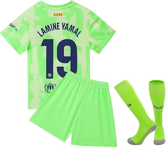 Barcelona Home Jersey Lamine #19 Green/White Youth Kit LOCAL STOCK
