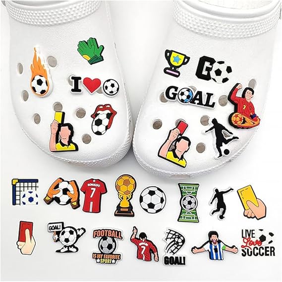 Croc Jibbitz Soccer Shoe Charms Pins Ronaldo Messi Neymar Jr & Lots More  - 50 Pack