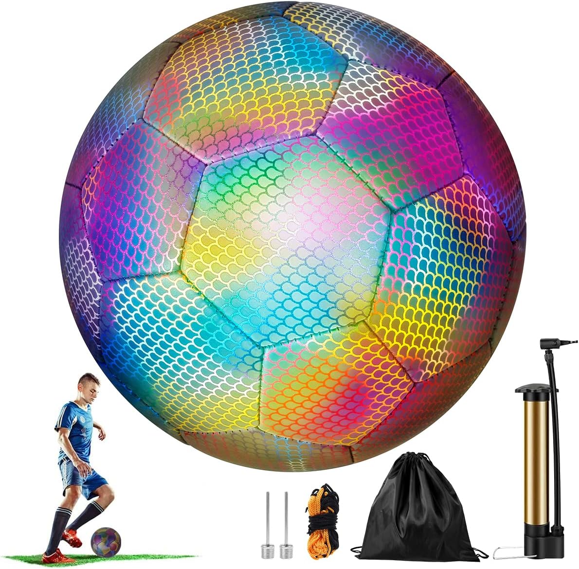 Holographic Soccer Ball Reflective Luminous with Pump & Bag (Size 5)