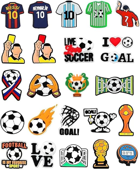 Croc Jibbitz Soccer Shoe Charms Pins Ronaldo Messi Neymar Jr & Lots More  - 50 Pack