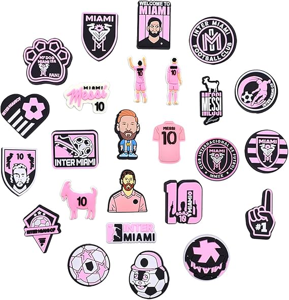Croc Jibbitz Lionel Messi Soccer Shoe Charms Pins Inter Miami Pink Set - 25 Pack