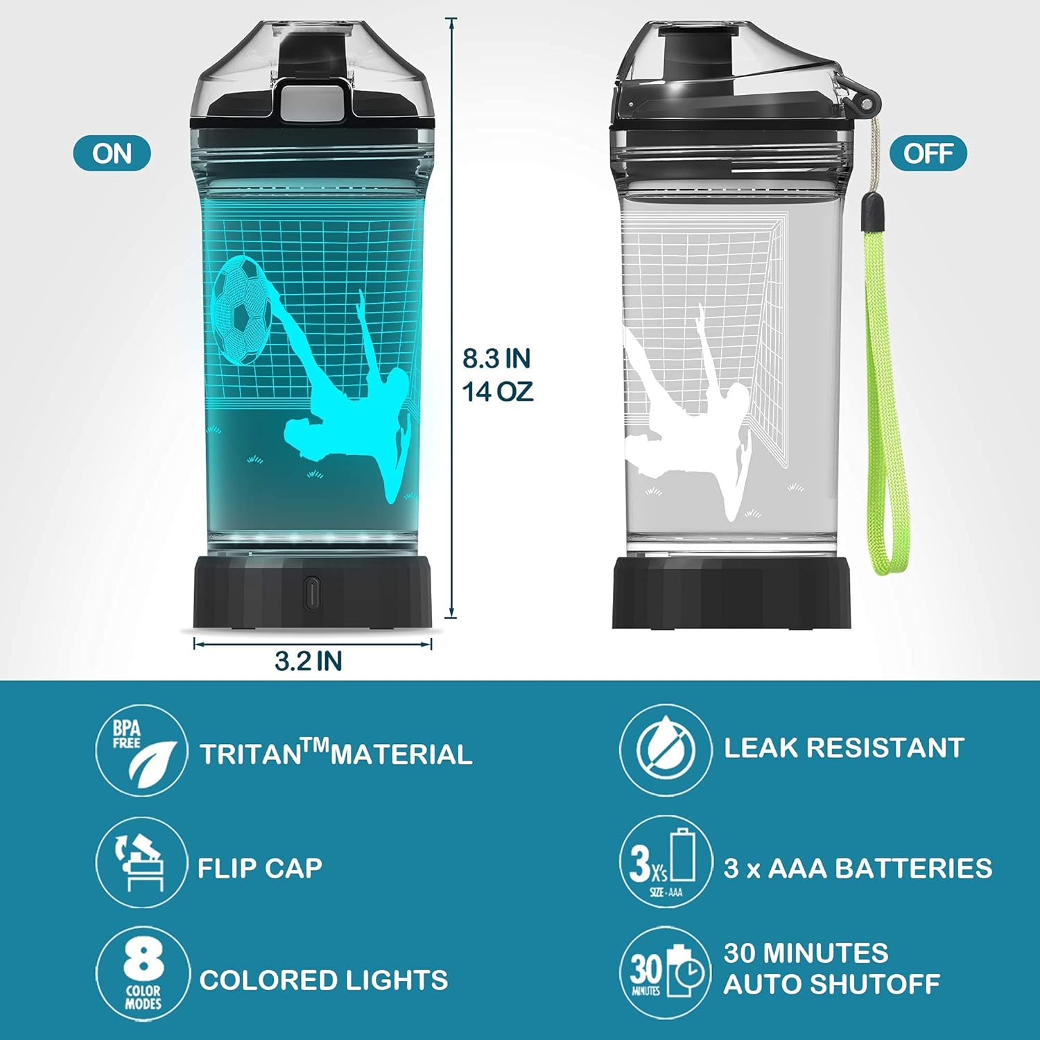 Light Up LED Multicolour Water Bottle with 3D Soccer Lamp