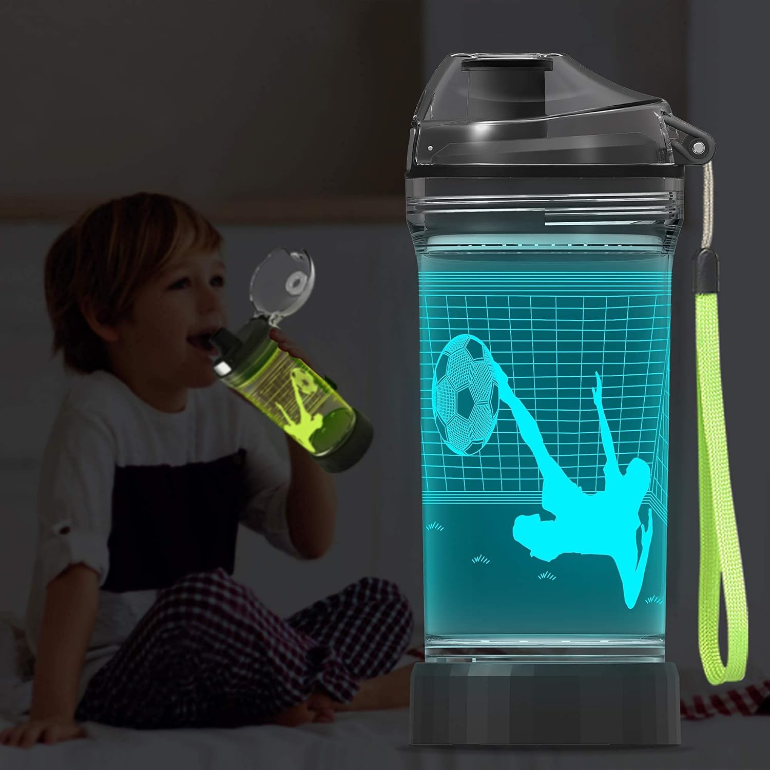 Light Up LED Multicolour Water Bottle with 3D Soccer Lamp