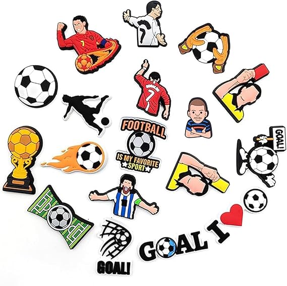 Croc Jibbitz Soccer Shoe Charms Pins Ronaldo Messi Neymar Jr & Lots More  - 50 Pack