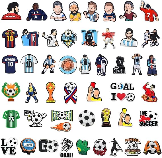 Croc Jibbitz Soccer Shoe Charms Pins Ronaldo Messi Neymar Jr & Lots More  - 50 Pack