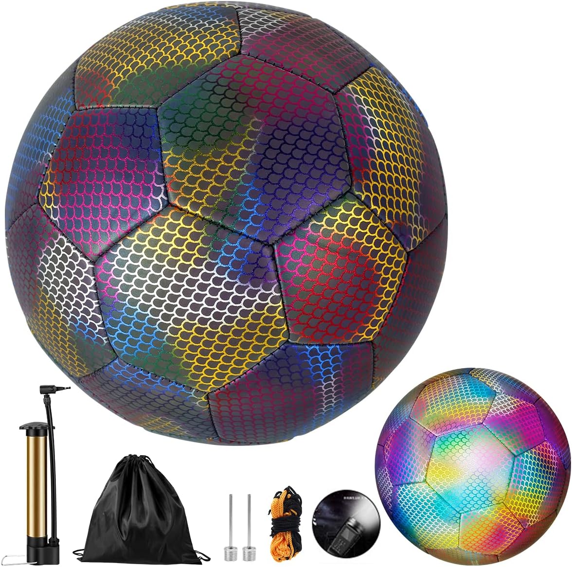 Holographic Soccer Ball Reflective Luminous with Pump & Bag (Size 5)