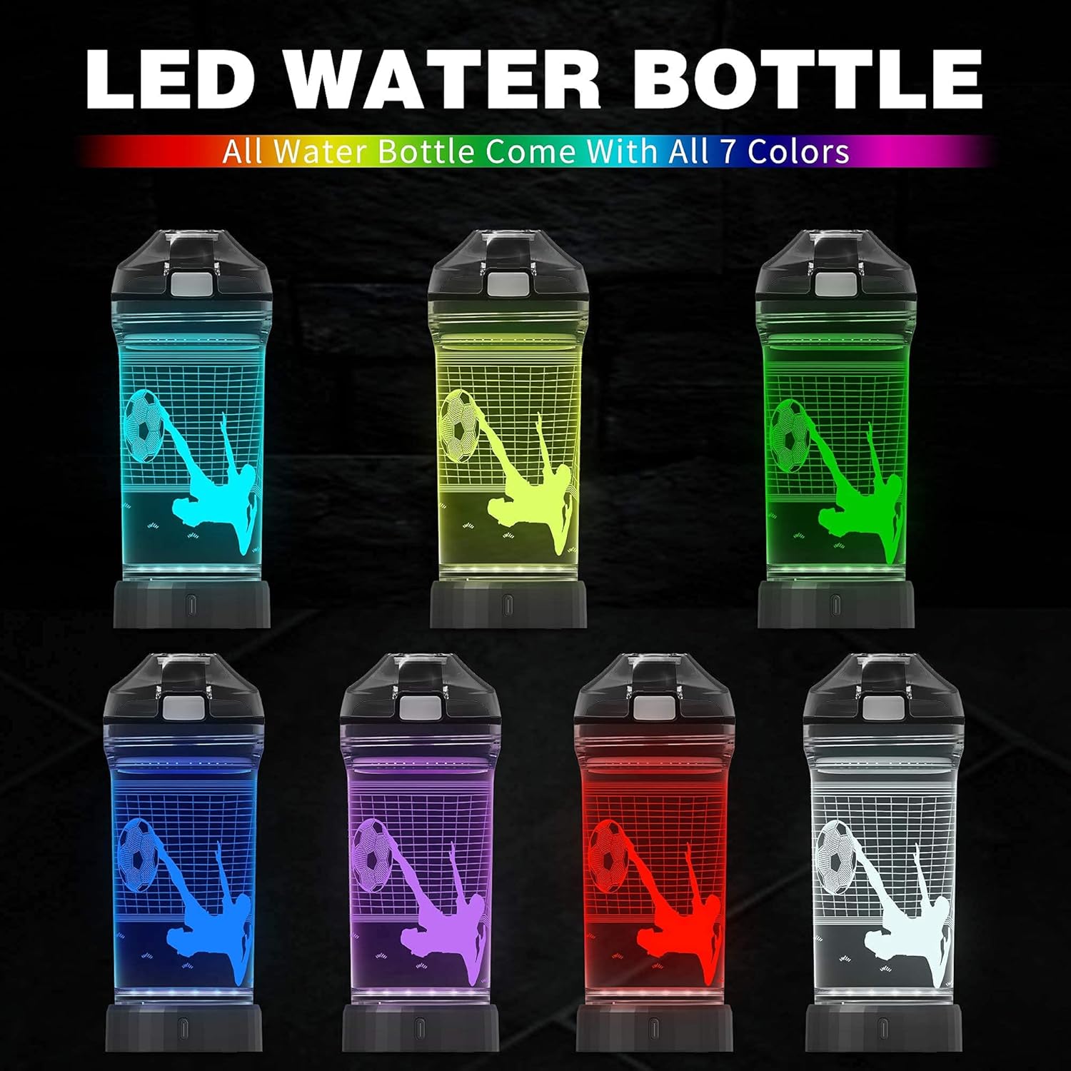 Light Up LED Multicolour Water Bottle with 3D Soccer Lamp