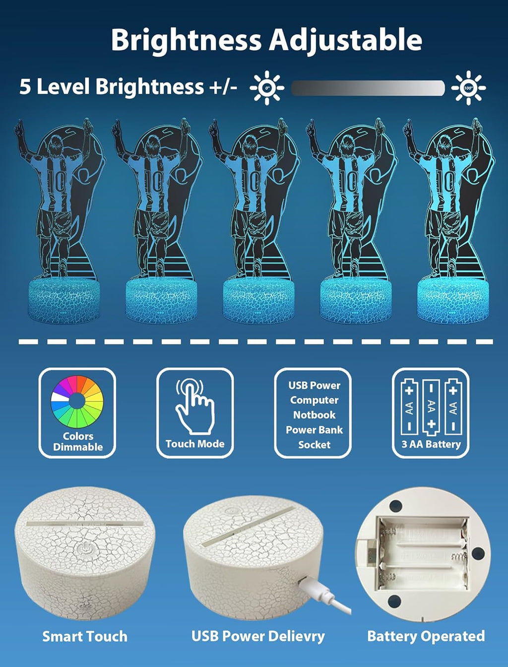 Messi #10 LED Night Light 16 Colours Soccer 3D Lamp with Remote Control & Gift Box
