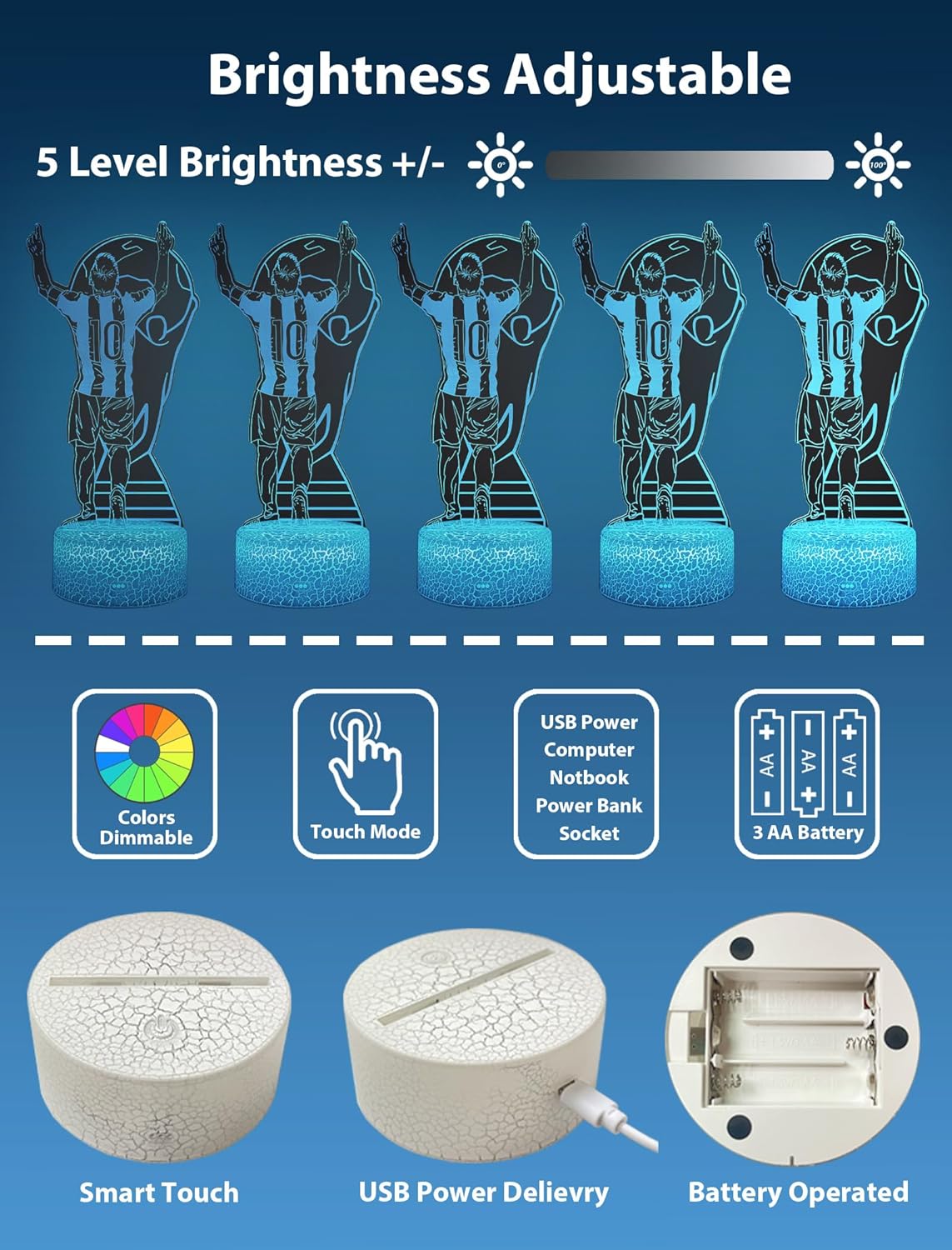 Messi #10 LED Night Light 16 Colours Soccer 3D Lamp with Remote Control & Gift Box