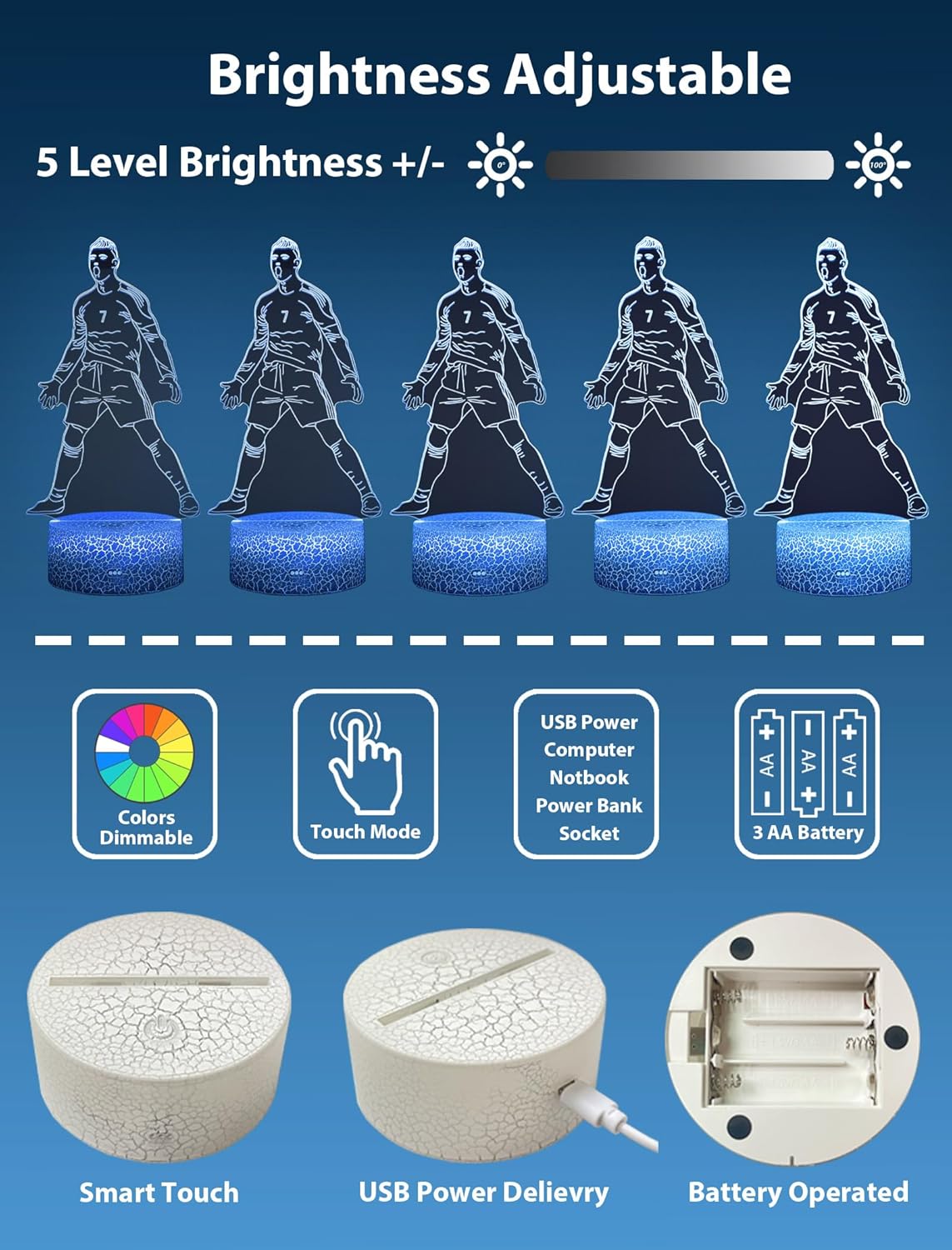 Ronaldo #7 LED Night Light 16 Colours Soccer 3D Lamp with Remote Control & Gift Box