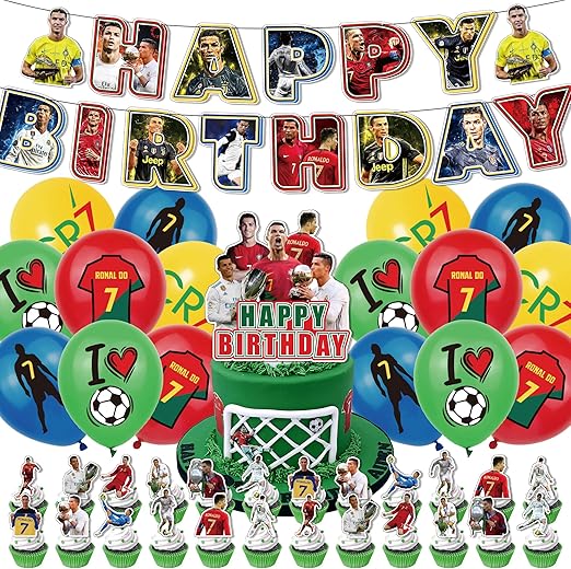 Ronaldo Soccer Theme Birthday Decorations Balloons, Banner, Cupcake Toppers & More